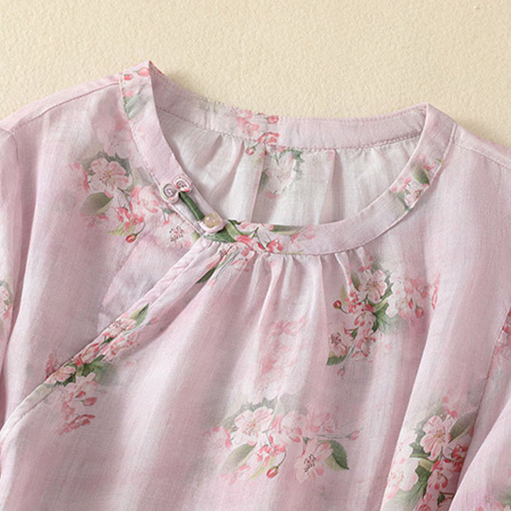 Buddha Stones Blusa informal de manga corta con cuello redondo, botones de rana y estampado floral para mujer. - image 9