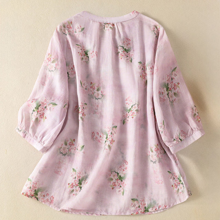 Buddha Stones Blusa informal de manga corta con cuello redondo, botones de rana y estampado floral para mujer. - image 8