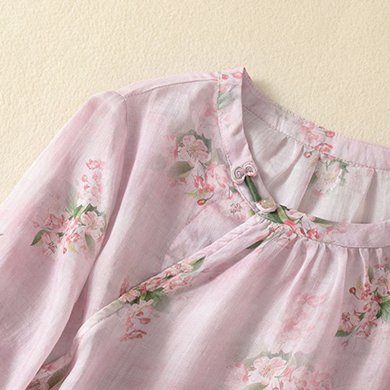 Buddha Stones Blusa informal de manga corta con cuello redondo, botones de rana y estampado floral para mujer. - image 11