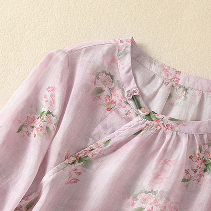 Buddha Stones Blusa informal de manga corta con cuello redondo, botones de rana y estampado floral para mujer. - image 11