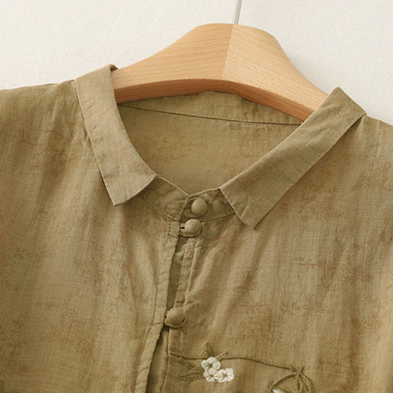 Buddha Stones Camisa de verano para mujer con cuello alto, diseño de botones bordados y mangas tres cuartos. - image 15