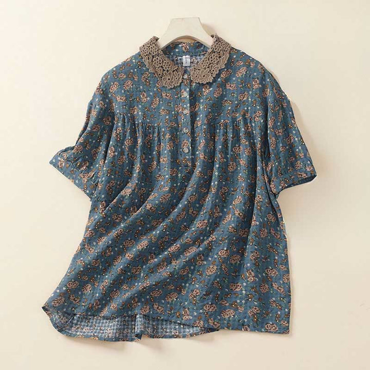 Buddha Stones Camisa de manga corta de algodón para mujer con diseño de botones frontales y estampado floral. - Azul cadete - US8-10，UK/AU12-14，EU40-42 (2XL) - image 0
