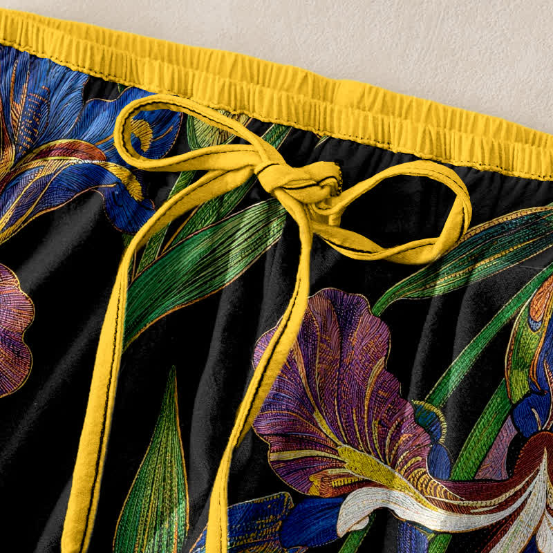 Buddha Stones Pantalones de mujer de algodón con estampado floral de iris colorido, cintura elástica con cordón ajustable y bolsillos. - image 1