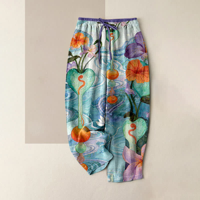 Buddha Stones Pantalones de algodón para mujer con estampado floral, cintura elástica con cordón ajustable y bolsillos. - Turquesa medio - US16，UK/AU20，EU48 (3XL) - image 0