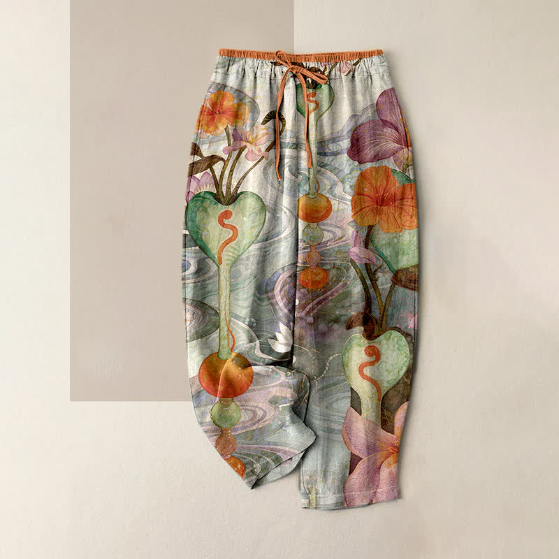 Buddha Stones Pantalones de algodón para mujer con estampado floral, cintura elástica con cordón ajustable y bolsillos. - Verde mar oscuro - US16，UK/AU20，EU48 (3XL) - image 3