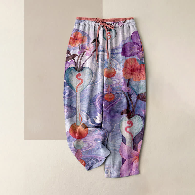 Buddha Stones Pantalones de algodón para mujer con estampado floral, cintura elástica con cordón ajustable y bolsillos. - Orquídea mediana - US16，UK/AU20，EU48 (3XL) - image 4
