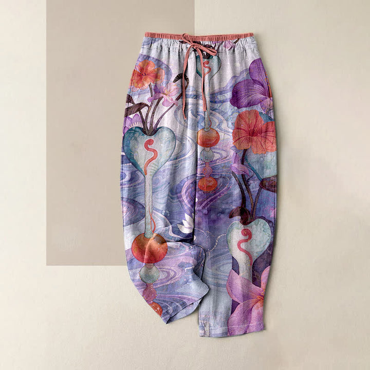 Buddha Stones Pantalones de algodón para mujer con estampado floral, cintura elástica con cordón ajustable y bolsillos. - Orquídea mediana - US16，UK/AU20，EU48 (3XL) - image 4
