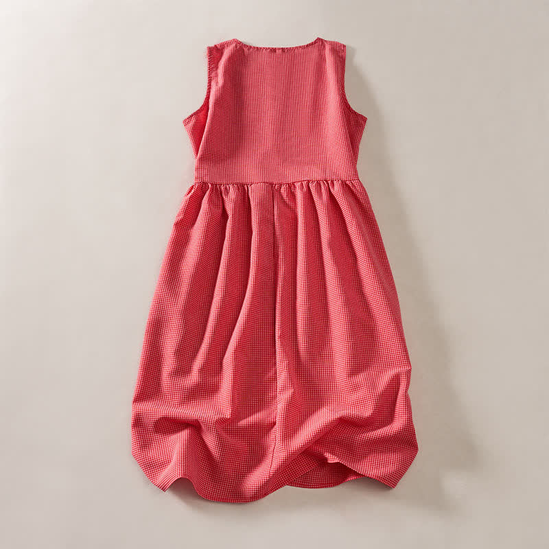 Buddha Stones Vestido de verano informal de corte A hasta la rodilla, sin mangas, con estampado de cuadros vichy color coral y bolsillos. - image 1
