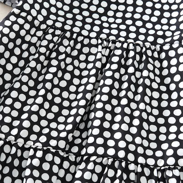 Buddha Stones Vestido de verano elegante de corte A con volantes en el bajo y manga corta hasta la rodilla, estampado de lunares. - image 10