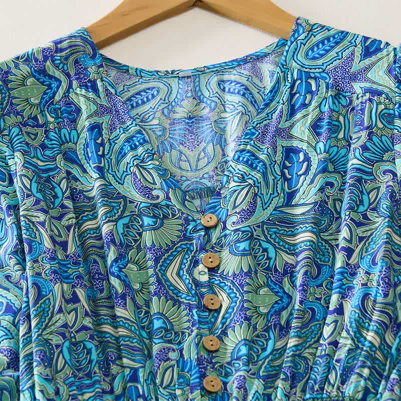 Buddha Stones Vestido largo de viscosa con mangas farol, estampado paisley y lazo en la cintura. - image 2