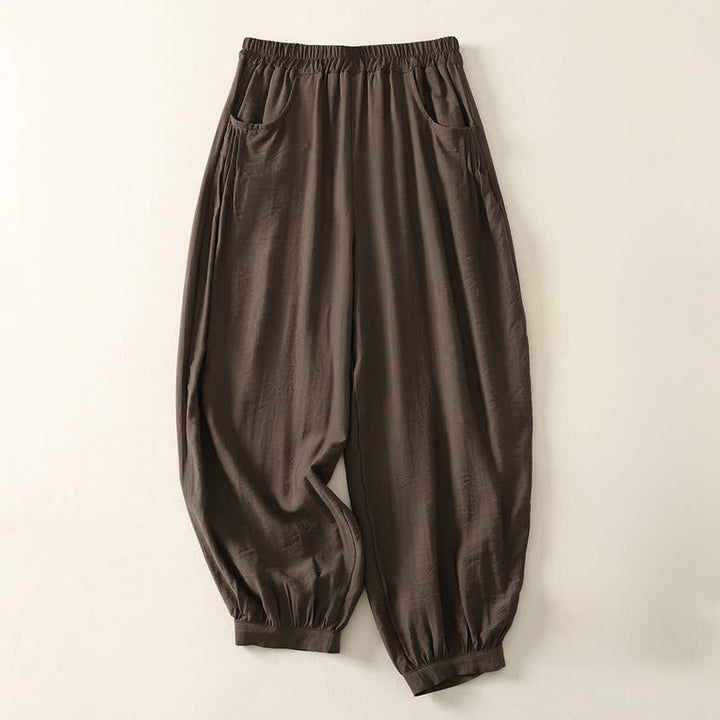 Buddha Stones Pantalones capri harem de verano para mujer, de color liso y cintura elástica. - Marrón silla de montar - US8-10，UK/AU12-14，EU40-42 (2XL) - image 0