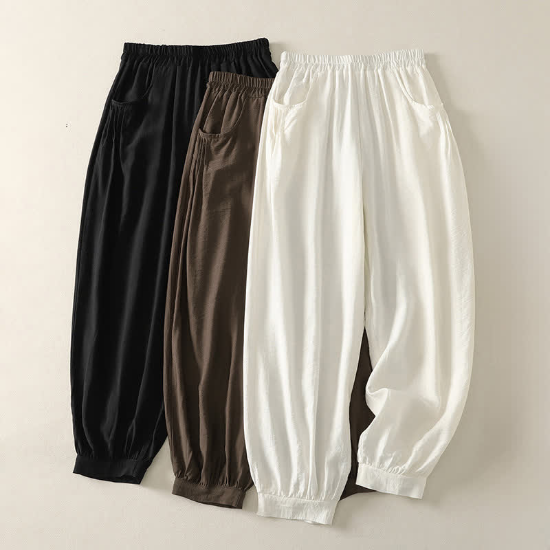 Buddha Stones Pantalones capri harem de verano para mujer, de color liso y cintura elástica. - image 16