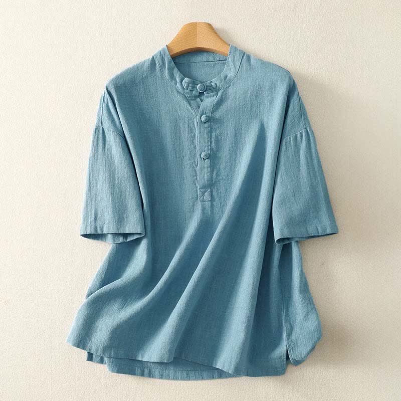 Buddha Stones Camisa de manga corta de algodón para mujer con cuello mao y botones, ideal para el verano. - Azul claro - US8-10，UK/AU12-14，EU40-42 (2XL) - image 0