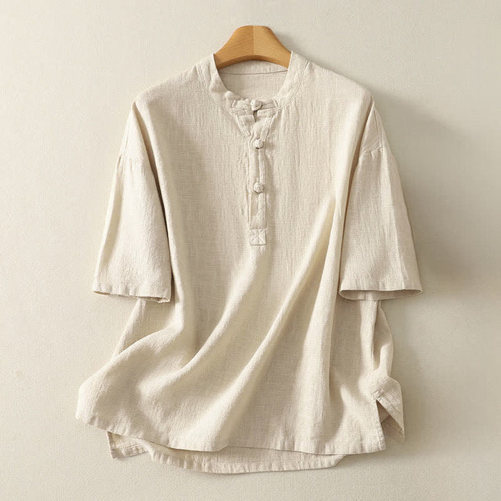 Buddha Stones Camisa de manga corta de algodón para mujer con cuello mao y botones, ideal para el verano. - Lino - US8-10，UK/AU12-14，EU40-42 (2XL) - image 5