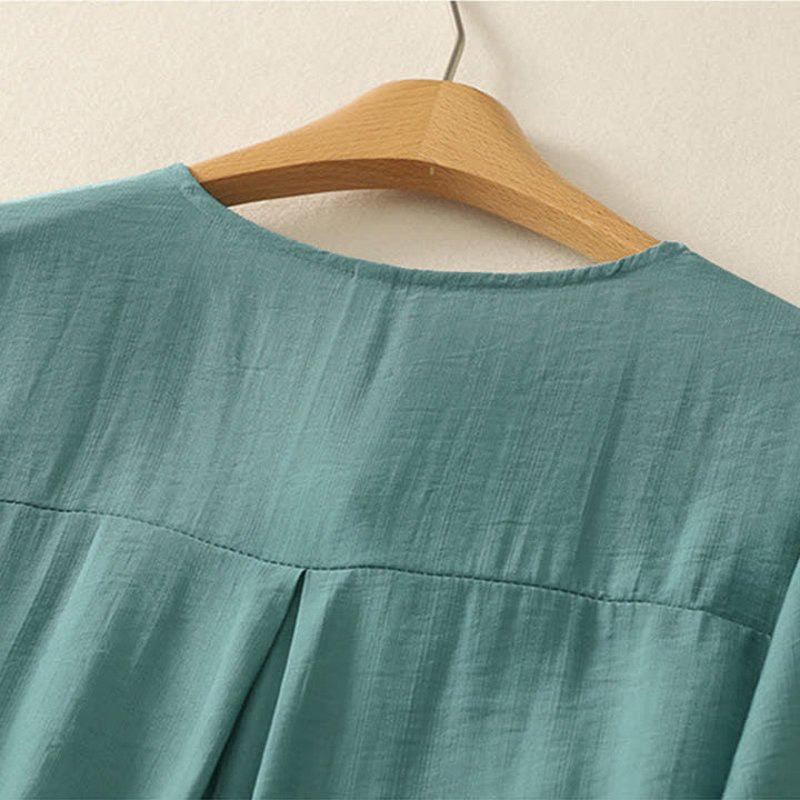 Buddha Stones Camiseta de manga corta para mujer con cuello redondo y bordado de Summer Mountain - image 3