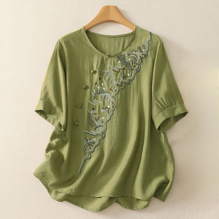 Buddha Stones Camiseta de manga corta para mujer con cuello redondo y bordado de Summer Mountain - Verde amarillento - US12, UK/AU16, EU44 (3XL) - image 10