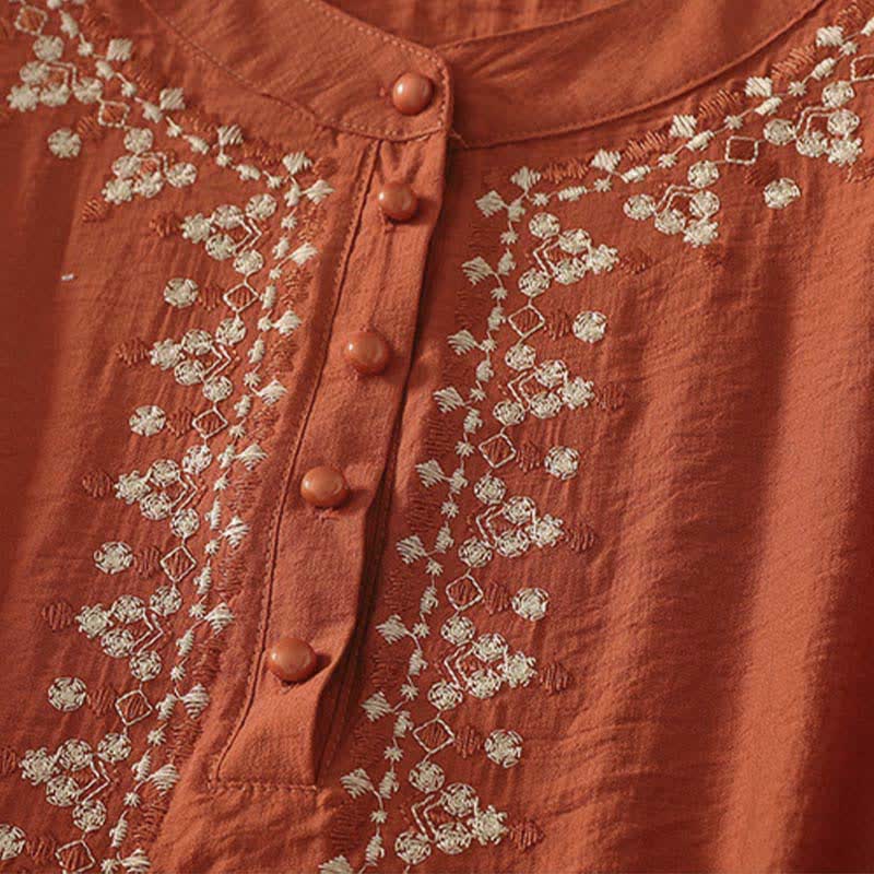 Buddha Stones Camisa de manga corta para mujer, de algodón, con medio botón y bordado de primavera. - image 2