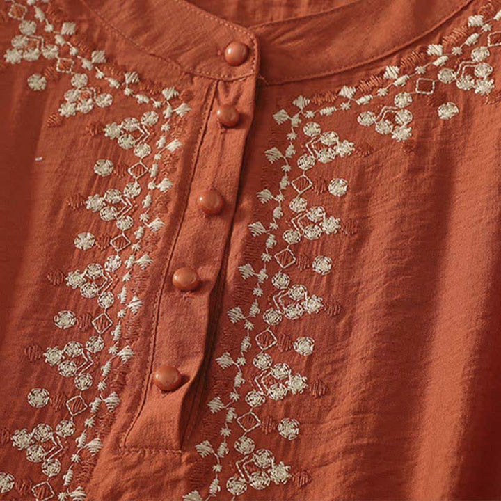 Buddha Stones Camisa de manga corta para mujer, de algodón, con medio botón y bordado de primavera. - image 2