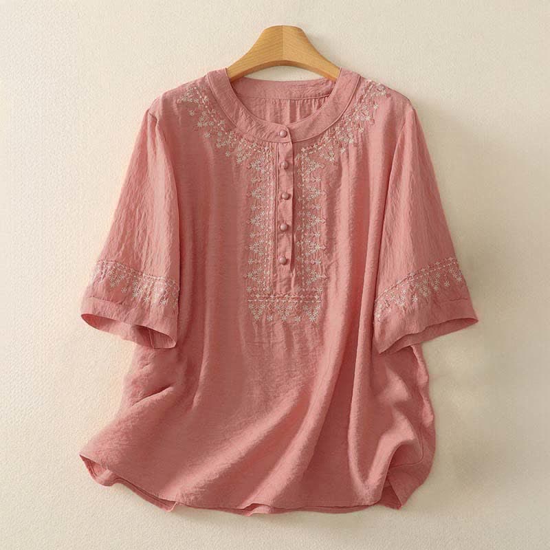 Buddha Stones Camisa de manga corta para mujer, de algodón, con medio botón y bordado de primavera. - Salmón oscuro - US8-10，UK/AU12-14，EU40-42 (2XL) - image 5