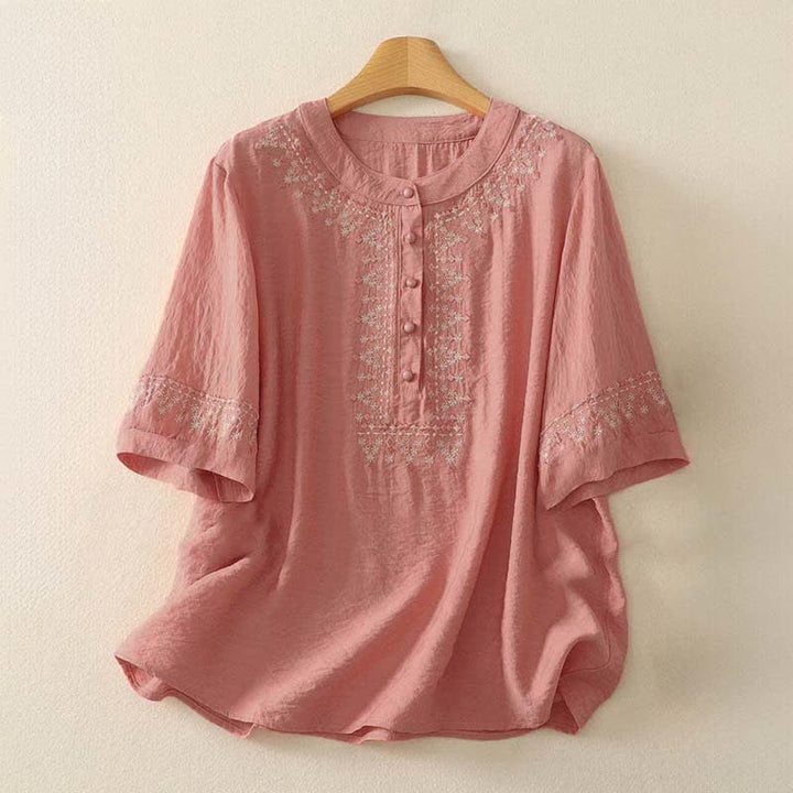 Buddha Stones Camisa de manga corta para mujer, de algodón, con medio botón y bordado de primavera. - Salmón oscuro - US8-10，UK/AU12-14，EU40-42 (2XL) - image 5