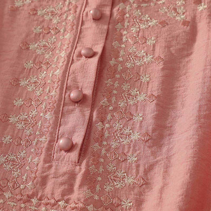 Buddha Stones Camisa de manga corta para mujer, de algodón, con medio botón y bordado de primavera. - image 9