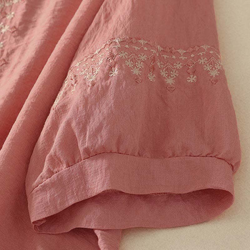 Buddha Stones Camisa de manga corta para mujer, de algodón, con medio botón y bordado de primavera. - image 11