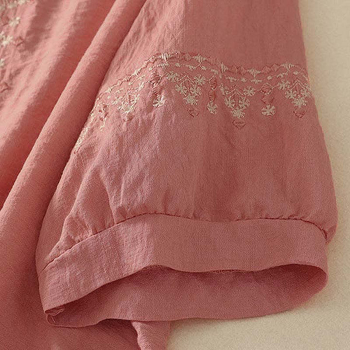 Buddha Stones Camisa de manga corta para mujer, de algodón, con medio botón y bordado de primavera. - image 11