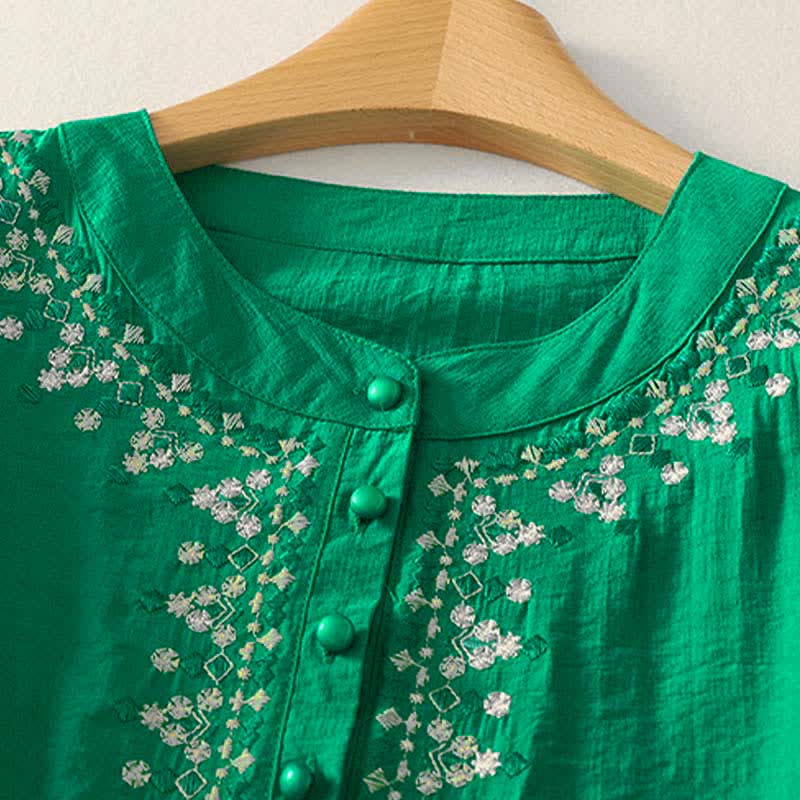 Buddha Stones Camisa de manga corta para mujer, de algodón, con medio botón y bordado de primavera. - image 16