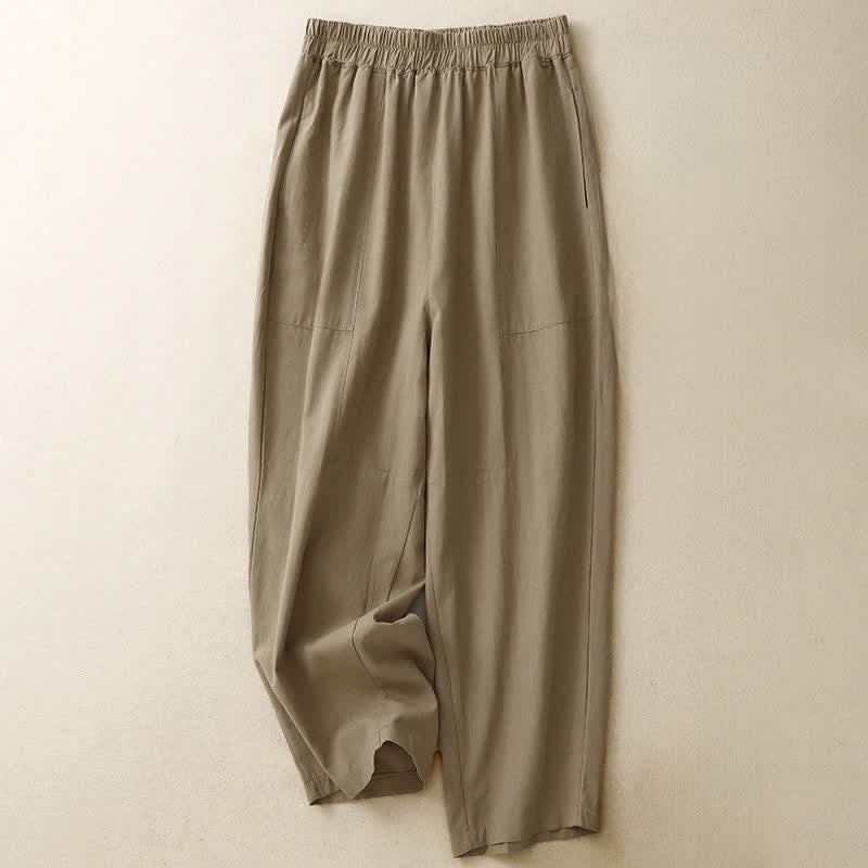 Buddha Stones Pantalones de mujer de algodón de color liso con cintura elástica y pernera recta, con bolsillos, ideales para la primavera. - Broncearse - US8-10，UK/AU12-14，EU40-42 (2XL) - image 0