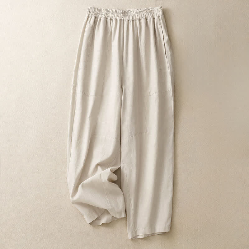 Buddha Stones Pantalones de mujer de algodón de color liso con cintura elástica y pernera recta, con bolsillos, ideales para la primavera. - Lino - US8-10，UK/AU12-14，EU40-42 (2XL) - image 6