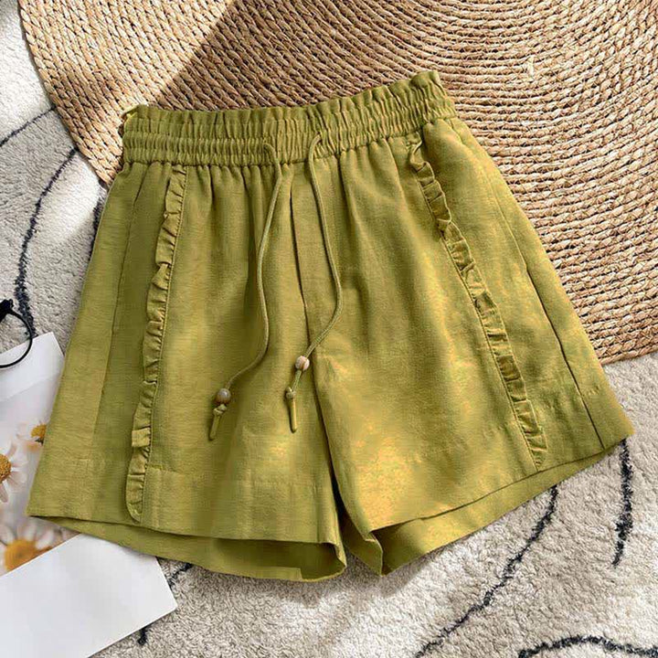 Buddha Stones Pantalones cortos de verano para mujer con cintura elástica, volantes y cordón ajustable, con bolsillos. - Verde oliva - US8-10，UK/AU12-14，EU40-42 (2XL) - image 0