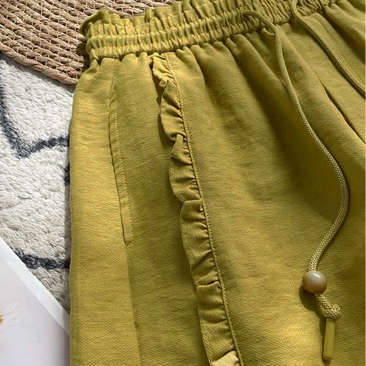 Buddha Stones Pantalones cortos de verano para mujer con cintura elástica, volantes y cordón ajustable, con bolsillos. - image 3