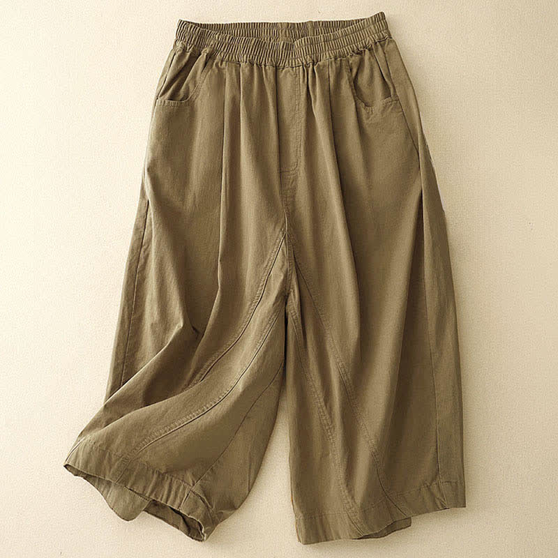 Buddha Stones Pantalones cortos de algodón para mujer con cintura elástica y bolsillos, ideales para el verano. - Caqui oscuro - US8-10，UK/AU12-14，EU40-42 (2XL) - image 0