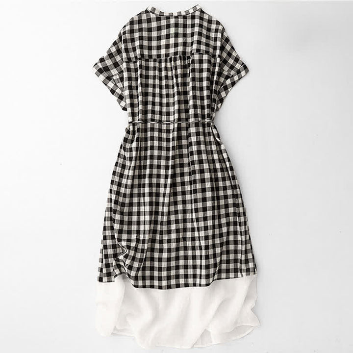 Buddha Stones Vestido de manga corta hasta la rodilla con estampado de cuadros vichy y cinturón, dobladillo de gasa, ideal para primavera. - image 1