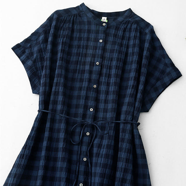 Buddha Stones Vestido de manga corta hasta la rodilla con estampado de cuadros vichy y cinturón, dobladillo de gasa, ideal para primavera. - image 11