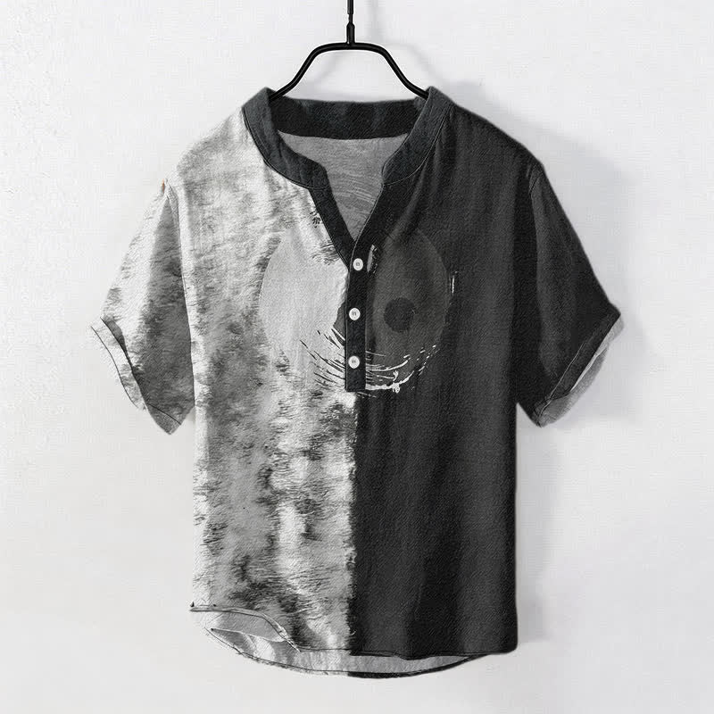 Buddha Stones Camisa de manga corta con medio botón para hombre, de algodón bicolor con estampado de tinta Taiji. - Humo blanco - US/UK/AU50, EU60 (5XL) - image 5