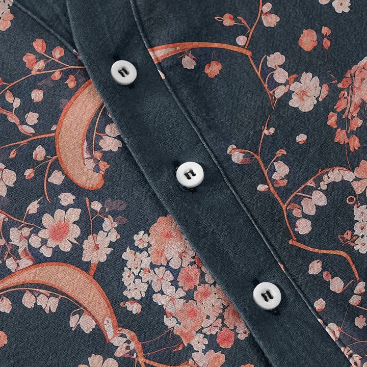 Buddha Stones Camisa Henley de algodón rosa con estampado floral, manga corta y medio botón para hombre. - image 3
