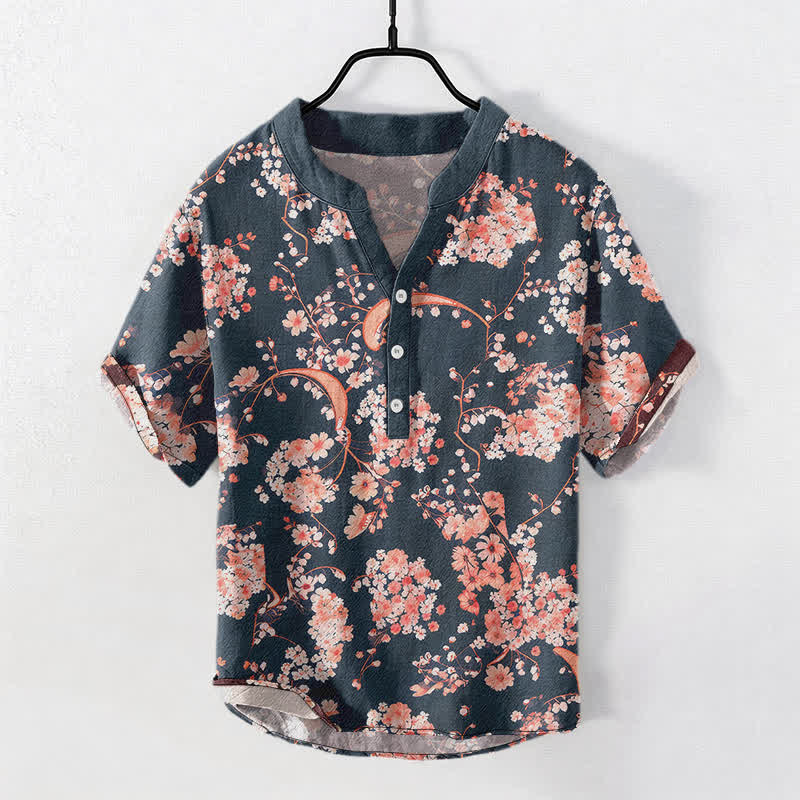 Buddha Stones Camisa Henley de algodón rosa con estampado floral, manga corta y medio botón para hombre. - Gris pizarra oscuro - US/UK/AU50, EU60 (5XL) - image 0