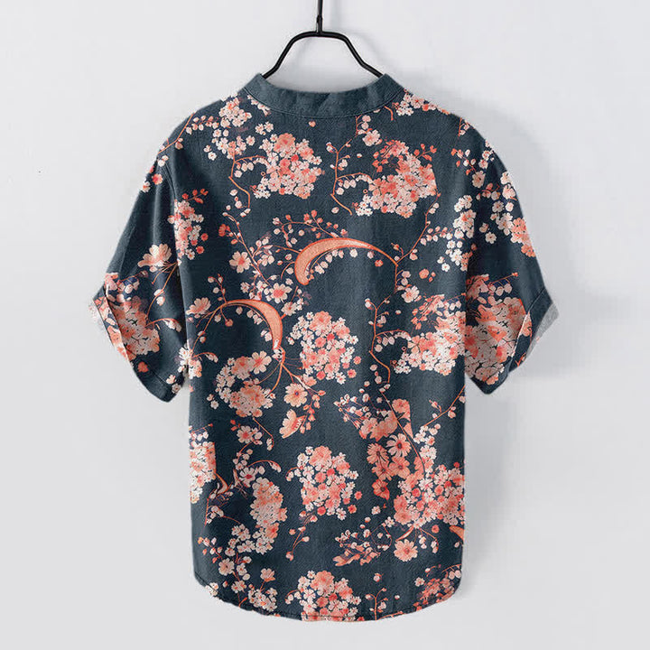 Buddha Stones Camisa Henley de algodón rosa con estampado floral, manga corta y medio botón para hombre. - image 1