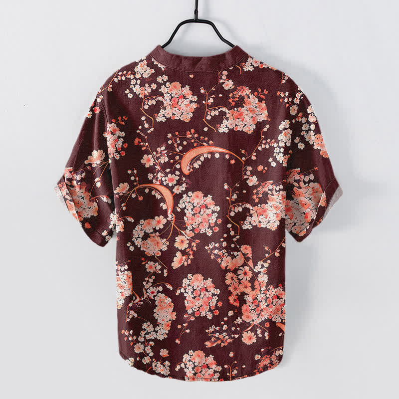 Buddha Stones Camisa Henley de algodón rosa con estampado floral, manga corta y medio botón para hombre. - image 6