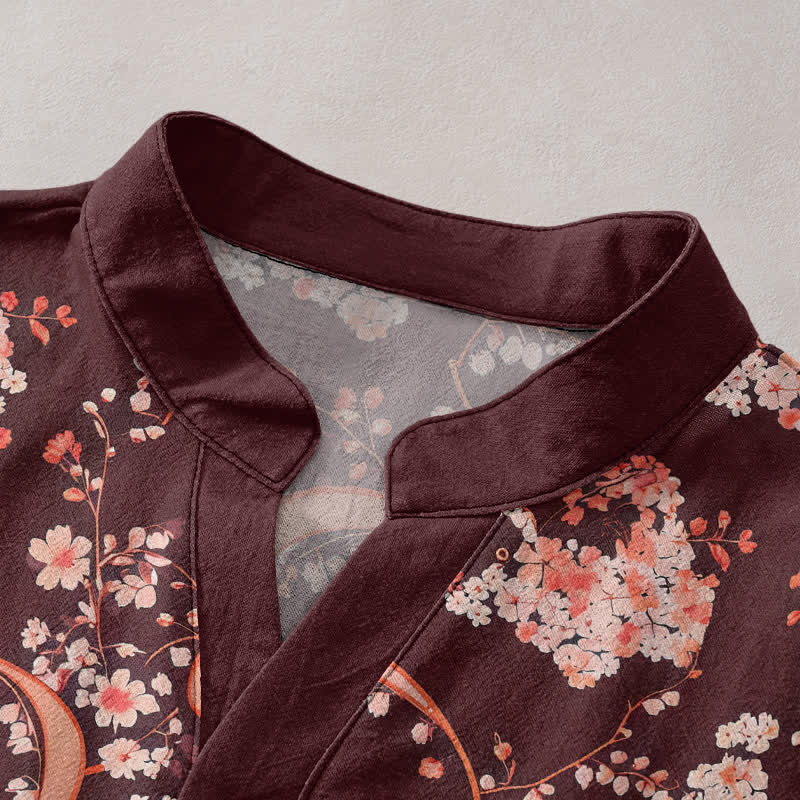 Buddha Stones Camisa Henley de algodón rosa con estampado floral, manga corta y medio botón para hombre. - image 7