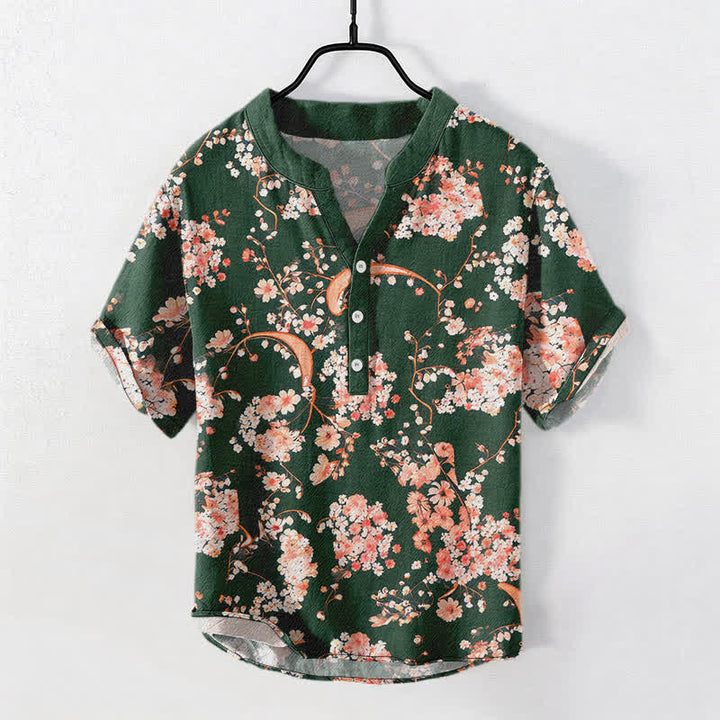 Buddha Stones Camisa Henley de algodón rosa con estampado floral, manga corta y medio botón para hombre. - Verde oscuro - US/UK/AU50, EU60 (5XL) - image 10