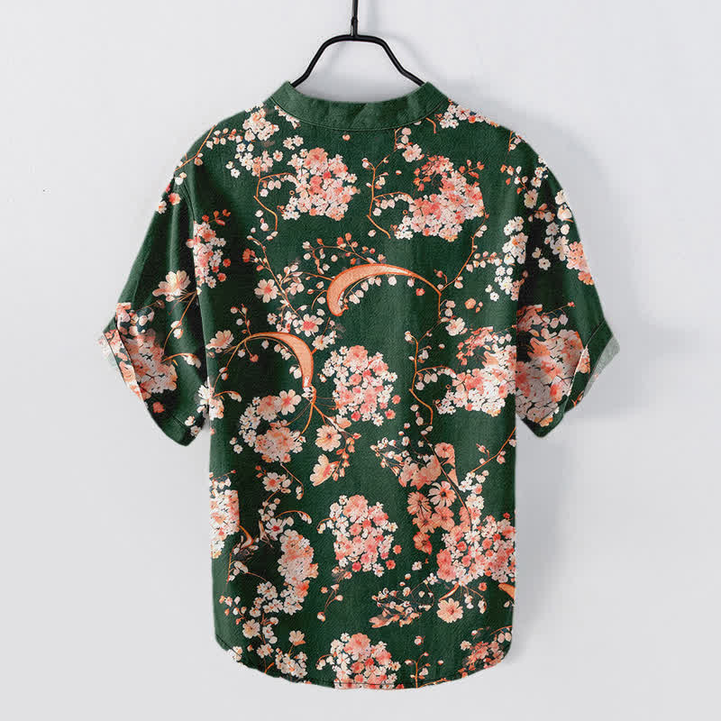Buddha Stones Camisa Henley de algodón rosa con estampado floral, manga corta y medio botón para hombre. - image 11