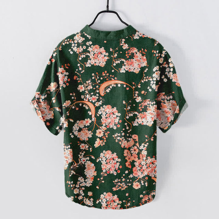 Buddha Stones Camisa Henley de algodón rosa con estampado floral, manga corta y medio botón para hombre. - image 11