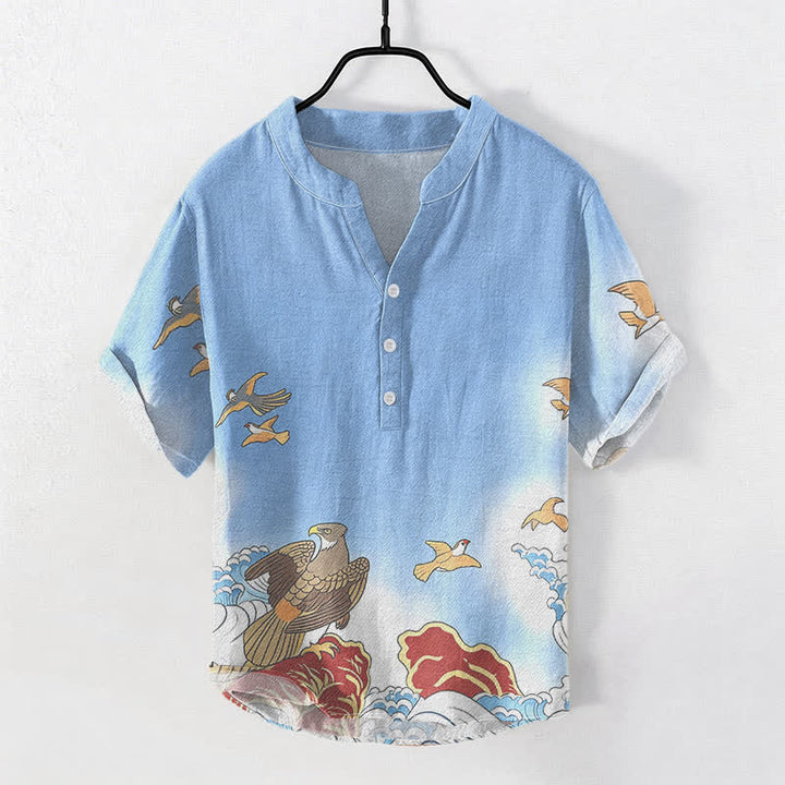 Buddha Stones Camisa de manga corta con medio botón para hombre, de algodón, con estampado de pájaros marinos, olas y rocas. - Azul cielo claro - US/UK/AU50, EU60 (5XL) - image 0