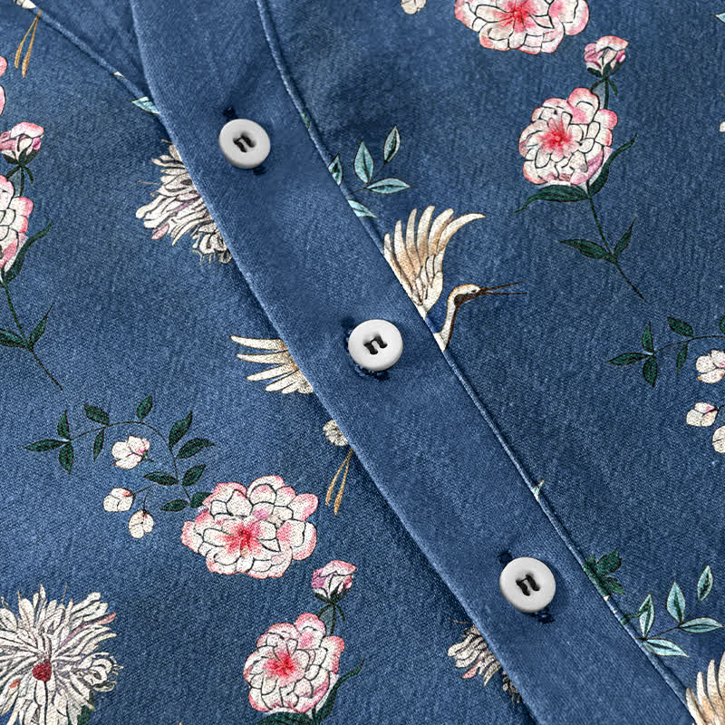 Buddha Stones Camisa de manga corta con medio botón y estampado floral de grullas de algodón para hombre - image 3