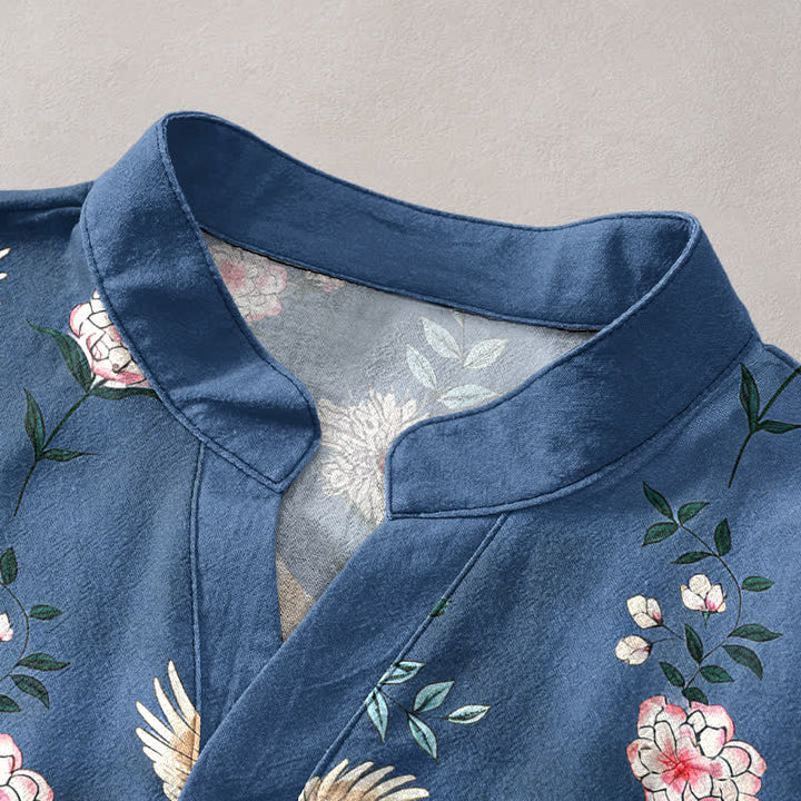 Buddha Stones Camisa de manga corta con medio botón y estampado floral de grullas de algodón para hombre - image 2