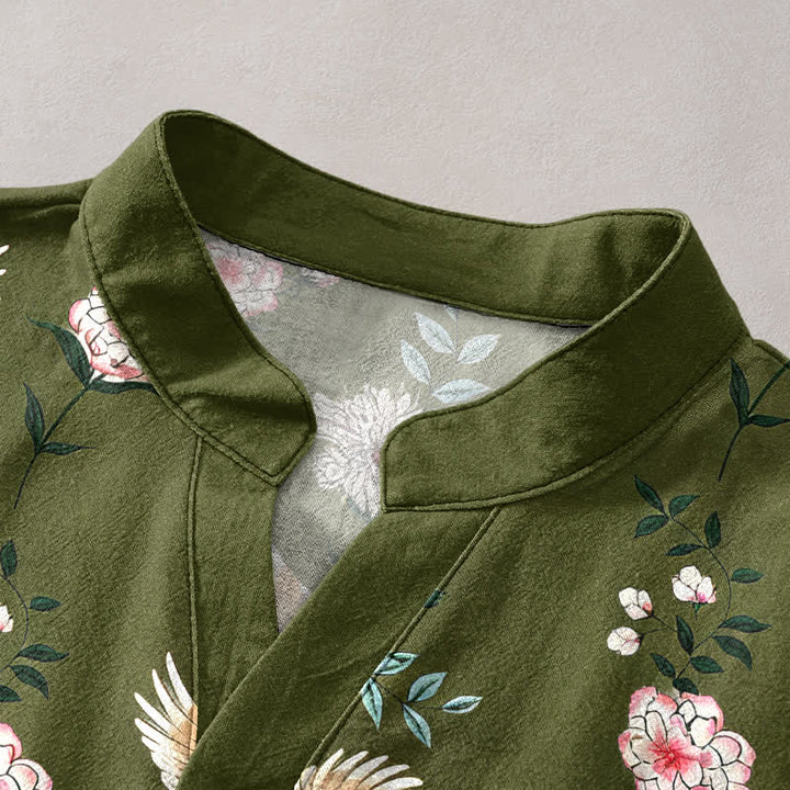 Buddha Stones Camisa de manga corta con medio botón y estampado floral de grullas de algodón para hombre - image 7