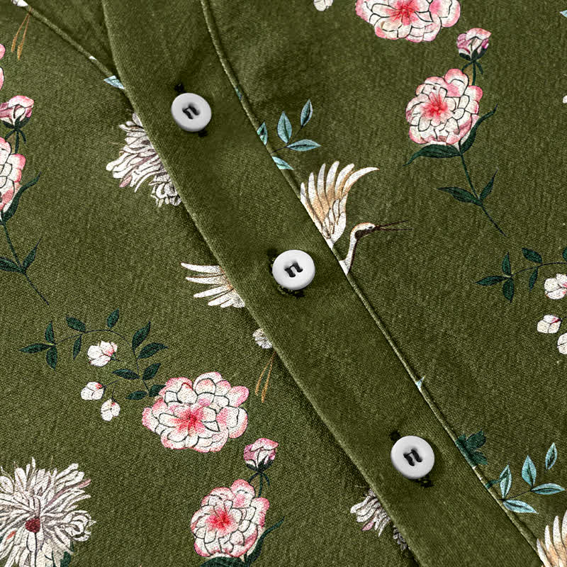 Buddha Stones Camisa de manga corta con medio botón y estampado floral de grullas de algodón para hombre - image 8