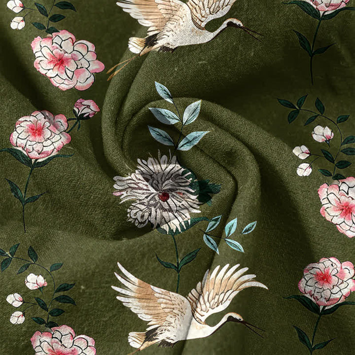 Buddha Stones Camisa de manga corta con medio botón y estampado floral de grullas de algodón para hombre - image 9